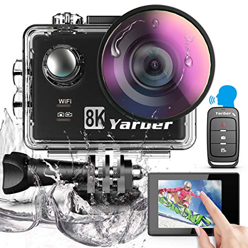 Yarber Action Cam 8K 20MP Digitale Action Kamera mit WiFi Touchscreen EIS 40M, 8X Zoom Sprachsteuerung Fernbedienung Zubehör Kit Unterwasser Kamera