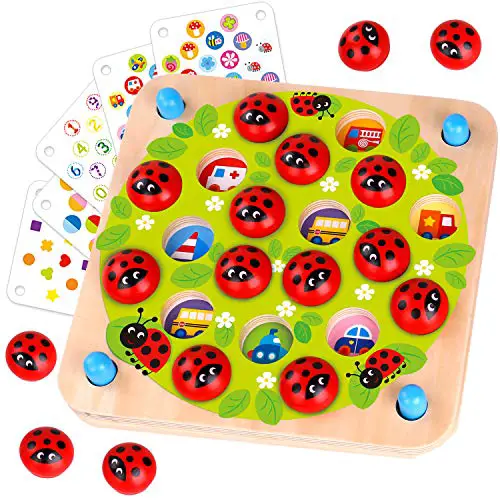 Nene Toys - Marienkäfer-Garten - Memory-Spiel aus Holz für Kinder im Alter von 3, 4, 5 Jahren mit 10 Lustigen Mustern - Pädagogisches Spielzeug, Fördert Gedächtnis und Kognitive Fähigkeiten