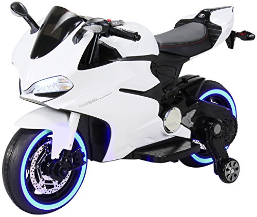 Actionbikes Motors Kinder Elektromotorrad 1299SS - Led Beleuchtung - Stützräder - Softstart - Multimedia - Elektro Motorrad für Kinder ab 3 Jahre (Weiß)