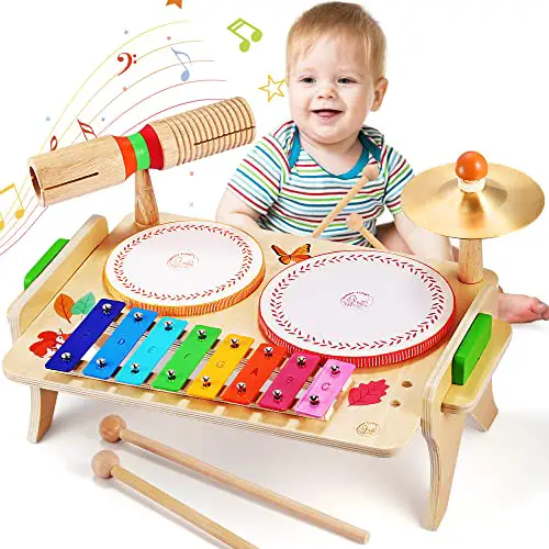 Sweet time Kinder Trommel Set, Musikinstrumente Kinder Set Musik Kinderspielzeug mit Xylophon, Holz Spielzeug Baby Musikspielzeug Montessori Lernspielzeug Schlagzeug für Kleinkinder Jungen Mädchen