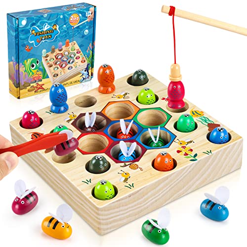 COOLJOY Magnetisches Angelspiel Montessori Spielzeug ab 2 Jahre Kinderspielzeug 2 in 1 Holz Magnetspiel Motorikspielzeug Holzspielzeug Geschenk für Junge und Mädchen ab 2 3 Jahre Autorisiertes Patent