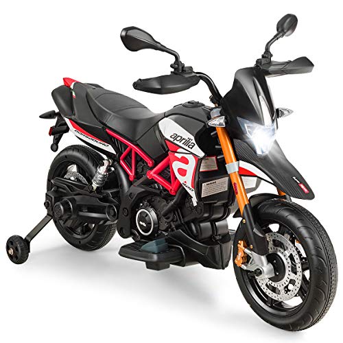 GOPLUS 12V Kinder Elektro-Motorrad mit Schweinwerfer/Musik, Kindermotorrad mit Stützrädern, Elektroauto, Kinderwagen, Kinderfahrzeug für 3-8 Jahren, Elektrofahrzeug mit Gashebel, 3-5 km/h (Rot)