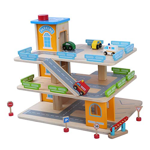 Parkgarage aus Holz Parktower Spielzeug Kinder Autogarage Parkhaus Garage incl. 4 Spielzeugautos