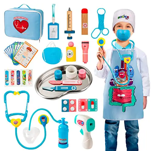 Arztkoffer Kinder Holz Doktor Spielzeug mit Stethoskop, Tablett aus Edelstahl, Orgelschürzen und Praktischem für Kinder Rollenspiel Medizinisches Geschenk über 3 Jahre