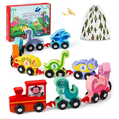 KmmiFF Dinosaurier Holz Zug Set mit Beutel, Zug Spielzeug mit Ziffern von 0 bis 10, Lustige Lernspielzeug Holzspielzeug Geschenke für Jungen und Mädchen ab 2 Jahre