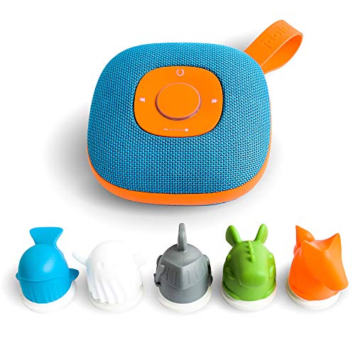 Jooki J1000 Kinder-Lautsprecher mit Spotify-Integration, steuerbar durch 5 mitgelieferte Figuren (4GB microSD Karte inkl, 8 Std. Akkulaufzeit, Spritzwassergeschützt) Blau-Orange