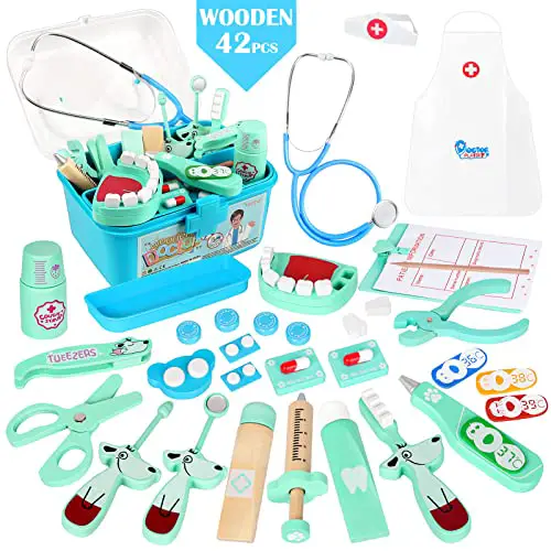 Arztkoffer Kinder Holz Doktor Spielzeug mit Stethoskop Kinder Blau Rollenspiel Geschenk ab 3 4 5 6 Jahren Jungen Mädchen (42Stk)
