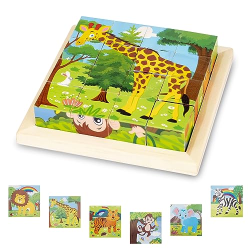 Bilderwürfel Holz, Holzpuzzle 3D Würfelpuzzle Puzzlespiele 6 in 1 Tier-Motive für Kinder ab 1 2 3 Jahre, Montessori Lernspielzeug Geschenk für Jungen und Mädchen