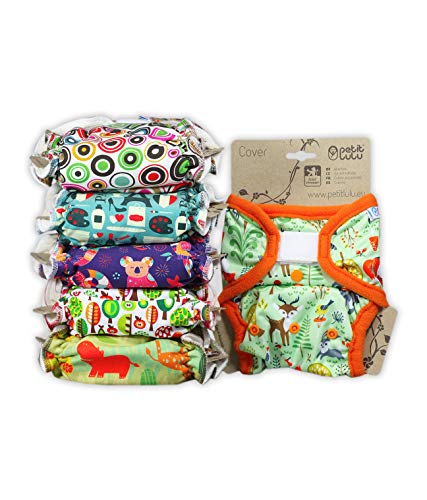 Petit Lulu 5 Stück Höschenwindel Set + 1 Wasserdichte Größe 2 PUL Überhose (onesize 5-16 kg) | Klett | Wiederverwendbar und Waschbar | Stoffwindelpackung | Hergestellt in der EU