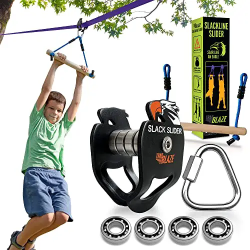 TRAILBLAZE Zipline Seilrolle-Kit für Slacklines - Zipline-Set für den Hinterhof im Freien für Kinder - Kinder-Slackline-Zipline-Kit Premium-Zubehör mit Holz-Monkey-Bar