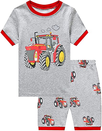 EULLA Jungen Schlafanzug Kurz Sommer Feuerwehrauto Traktor Dinosaurier Kinder Pyjamas Nachtwäsche Kinderkleidung Short Set 8# Grau Traktor DE 104