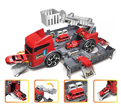 Brigamo Action Feuerwehrauto Spielzeugauto Set mit Tunnel Startrampe im LKW, 35 cm