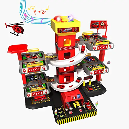 Fajiabao Geschenk ab 3 4 5 6 Jahren Parkgarage für Kinder Feuerwehrstation Parkhaus Feuerwehr Spielzeug Autogarage mit 4 Feuerwehrauto 8 Auto Spielzeug 1 Helikopter Weihnachten für Jungen Mädchen