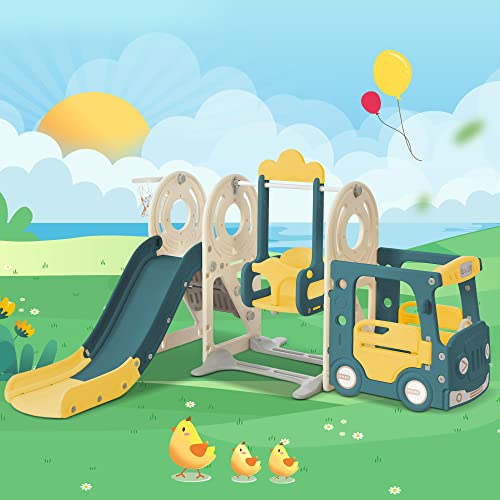 DuraB 5 in 1 Kinder Spielplatz, Kinder Rutsche,mit Schaukel,Basketballkorb Leiter, und Trittleiter Schaukelgerüst, Gartenschaukel, Kinderschaukel, Rutschbahn, Kinderrutsche für In- und Outdoor (Blau)