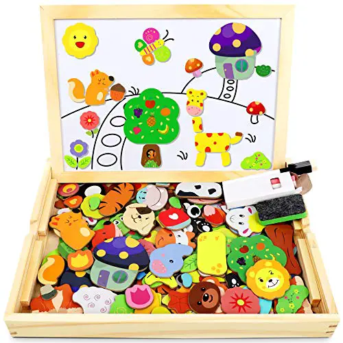 Jojoin Holzpuzzle mit Doppelseitiger Tafel, Puzzles, 110 Stück Tiermuster Pädagogisches Magnetische Holzspielzeug, Kreativ Lernspielzeug für Kinder