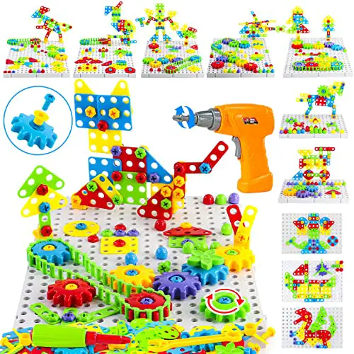 Steckspiel Spielzeug ab 3 4 Jahre Junge - DIY 3D Mosaik Puzzle Drehen Baukasten Kinder Bohrmaschine Pädagogisches Kinderspielzeug Kreative Geschenke für Junge Mädchen 3 4 5 6 7 Jahre (280+ Stück)