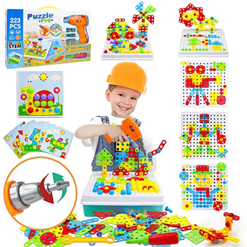 Akokie Steckspiel Montessori Spielzeug mit Bohrmaschine Pädagogisch Kreativ Spielzeug 3D Puzzle Mosaik Spiel Werkzeugkoffer Kinder ab 3 4 5 6 Jahre für Jungen Mädchen (223 Stücke)