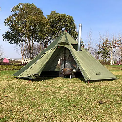 Outdoor Zelte Tipi Zelt Wasserdicht Vier Jahreszeiten Pyramidenzelt für Familien Camping Backpacking Wandern Bergsteigen Beheizter Unterstand Rauchiger Kamin (Grünes Zelt für 1-3 Personen)