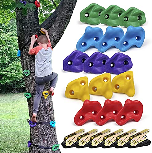 CHAIRLIN Baumklettergriffe Kinderklettersteine Baum Klettergriffe Set mit 6 Ratschengurte Ideal zum Klettern auf Rahmen Kletterhilfen für Kinder(15pcs)
