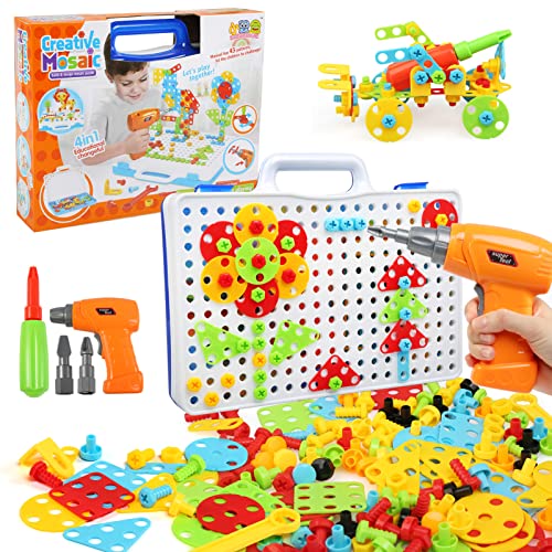 LEADSTAR 237 PCS Mosaik Steckspiel Montessori Spielzeug ab 3 4 5 Jahre Bohrmaschine Werkzeugkasten Kinder Pegboard Puzzle Kreatives DIY Werkzeuge Spielzeug Steckspiele für 3-6 Jahre Kinder