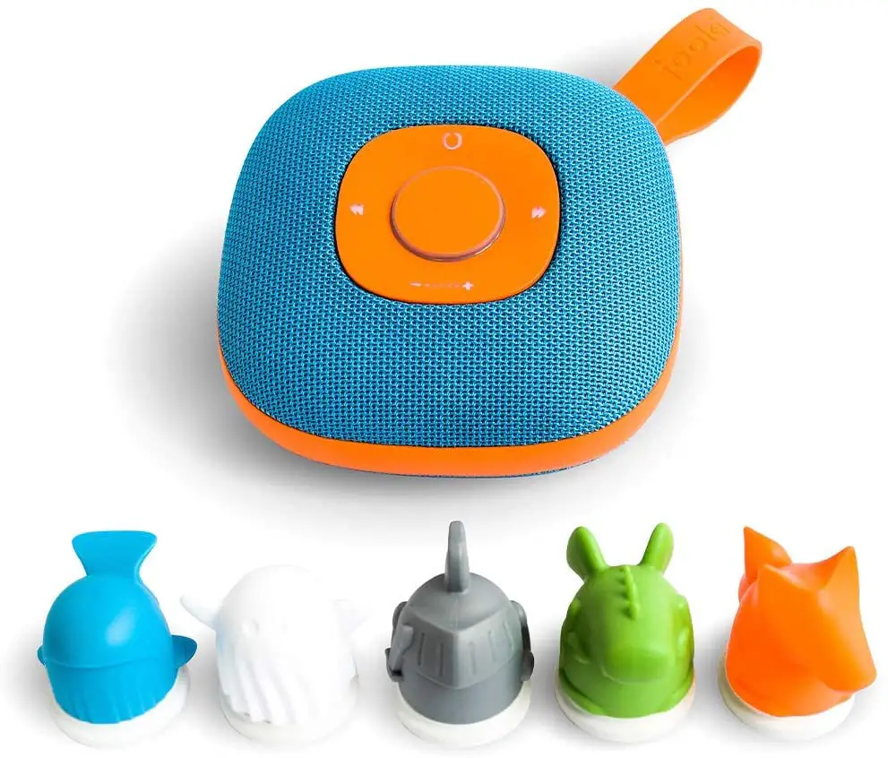 Jooki J1000 Kinder-Lautsprecher mit Spotify-Integration, steuerbar durch 5 mitgelieferte Figuren (4GB microSD Karte inkl, 8 Std. Akkulaufzeit, Spritzwassergeschützt) Blau-Orange