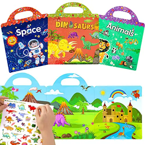 Wiederverwendbare wasserdichte Stickerbuch-Spielzeuge für Kinder - 3er Pack，3-6-jährige Jungen, Mädchen, Kleinkinder Sticker von Tieren, Weltraum, Dinosauriern, pädagogische Lerngeschenke