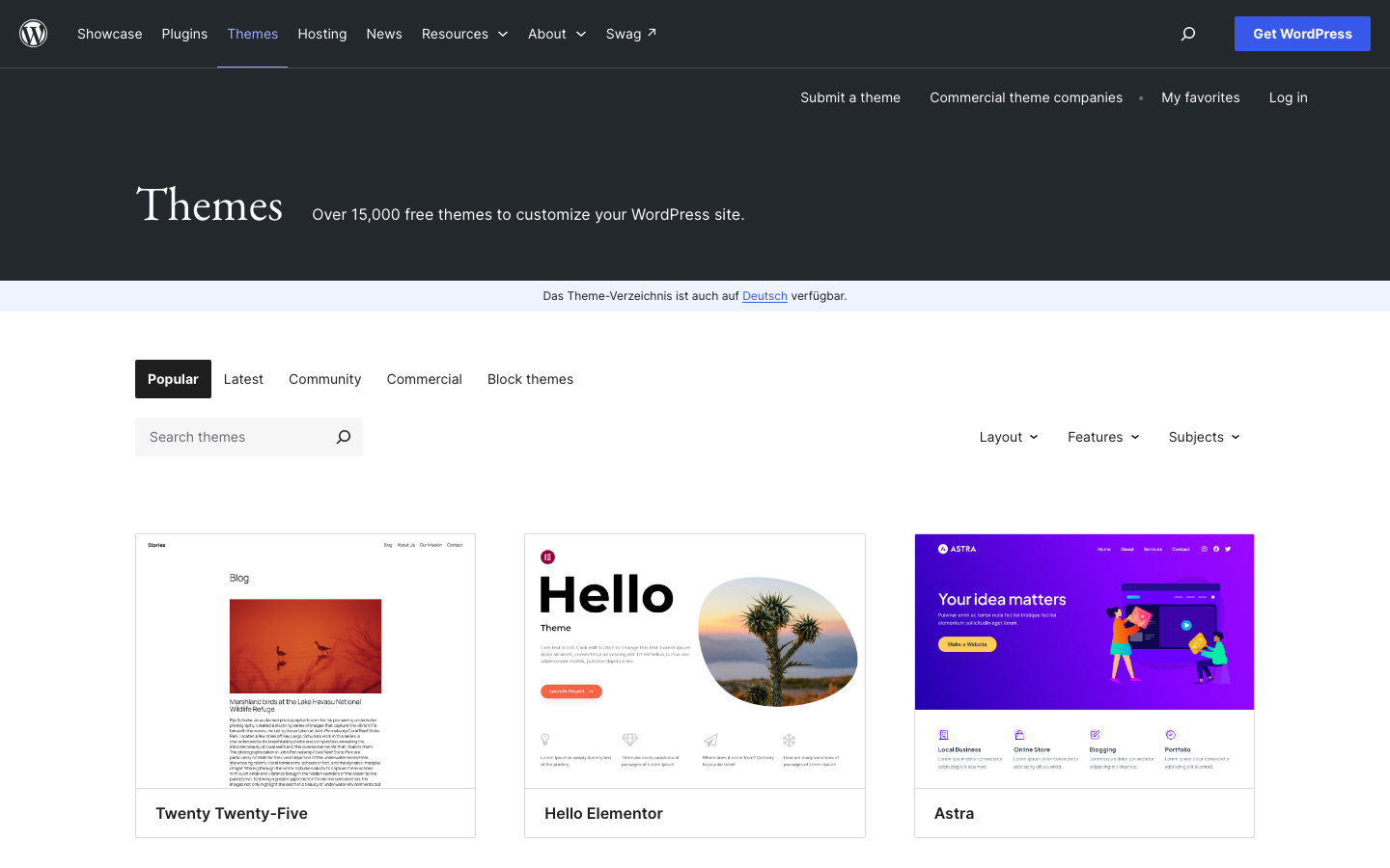 Theme-Verzeichnis von WordPress.org mit mehreren kostenlosen Blog-Themes zur Auswahl.