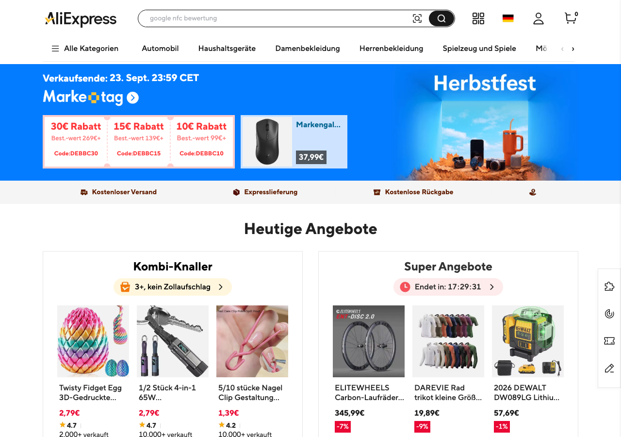 Startseite von AliExpress mit Rabattcodes und Tagesangeboten auf Deutsch