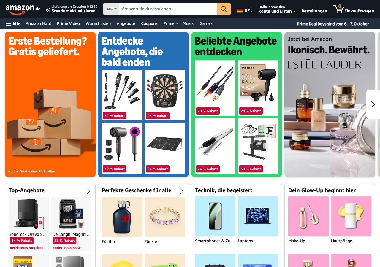 Startseite von Amazon.de mit Rabattkacheln und Lieferadresse
