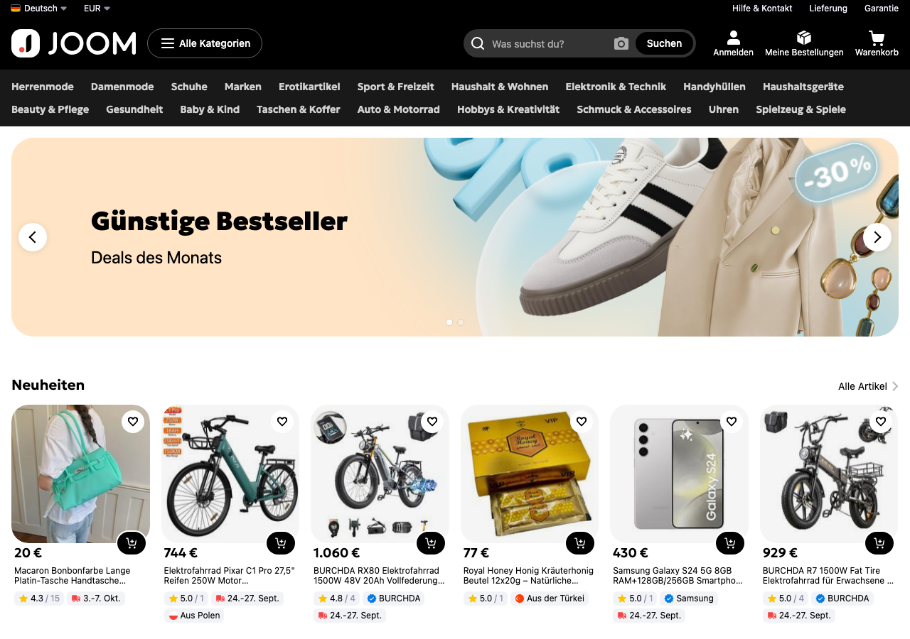 Startseite von Joom mit deutscher Navigation und Produktkacheln