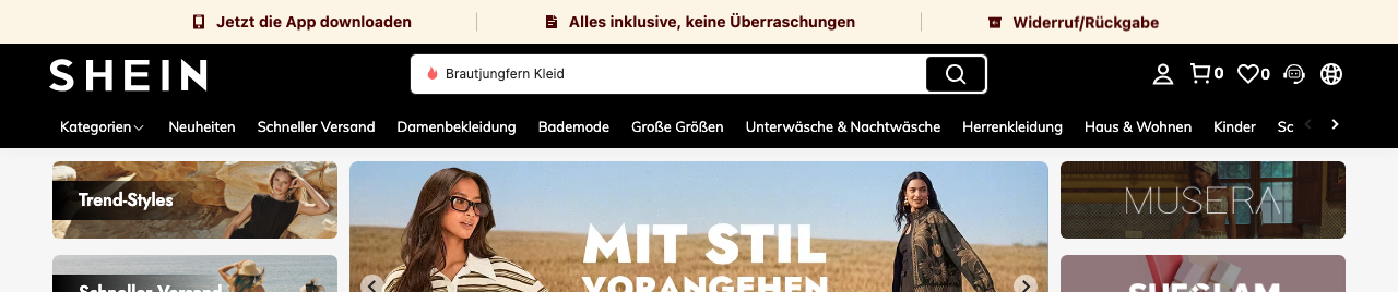 Kopfbereich der Shein-Startseite mit Logo, Navigation und Herbstkampagne