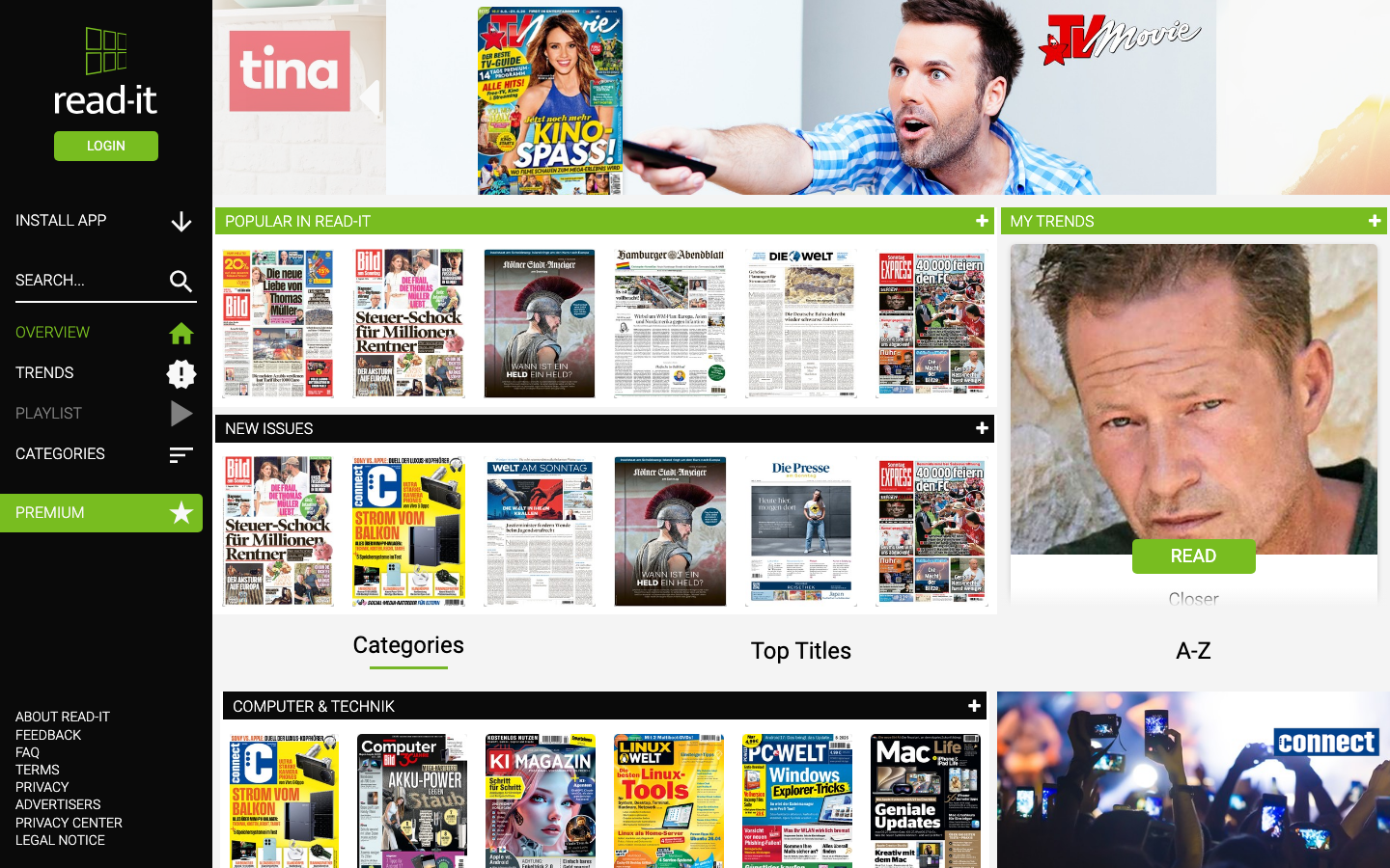 Startseite der kostenlosen Zeitschriften App read-it mit Magazinauswahl