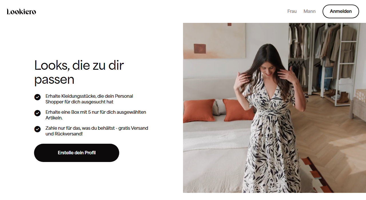 Lookiero Homepage – Personal Shopping Service für Damen und Herren