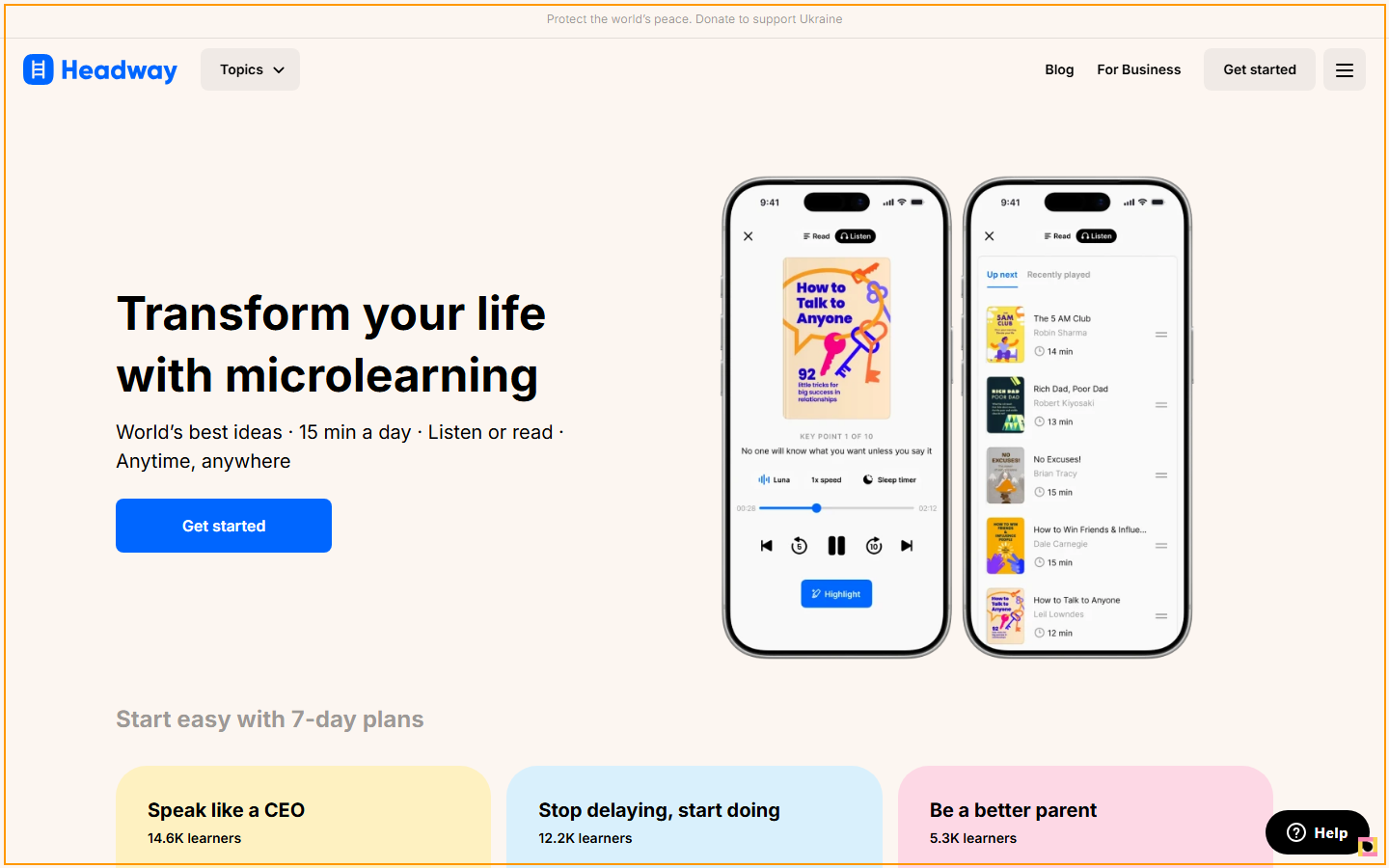 Headway App Homepage - Buchzusammenfassungen mit Gamification