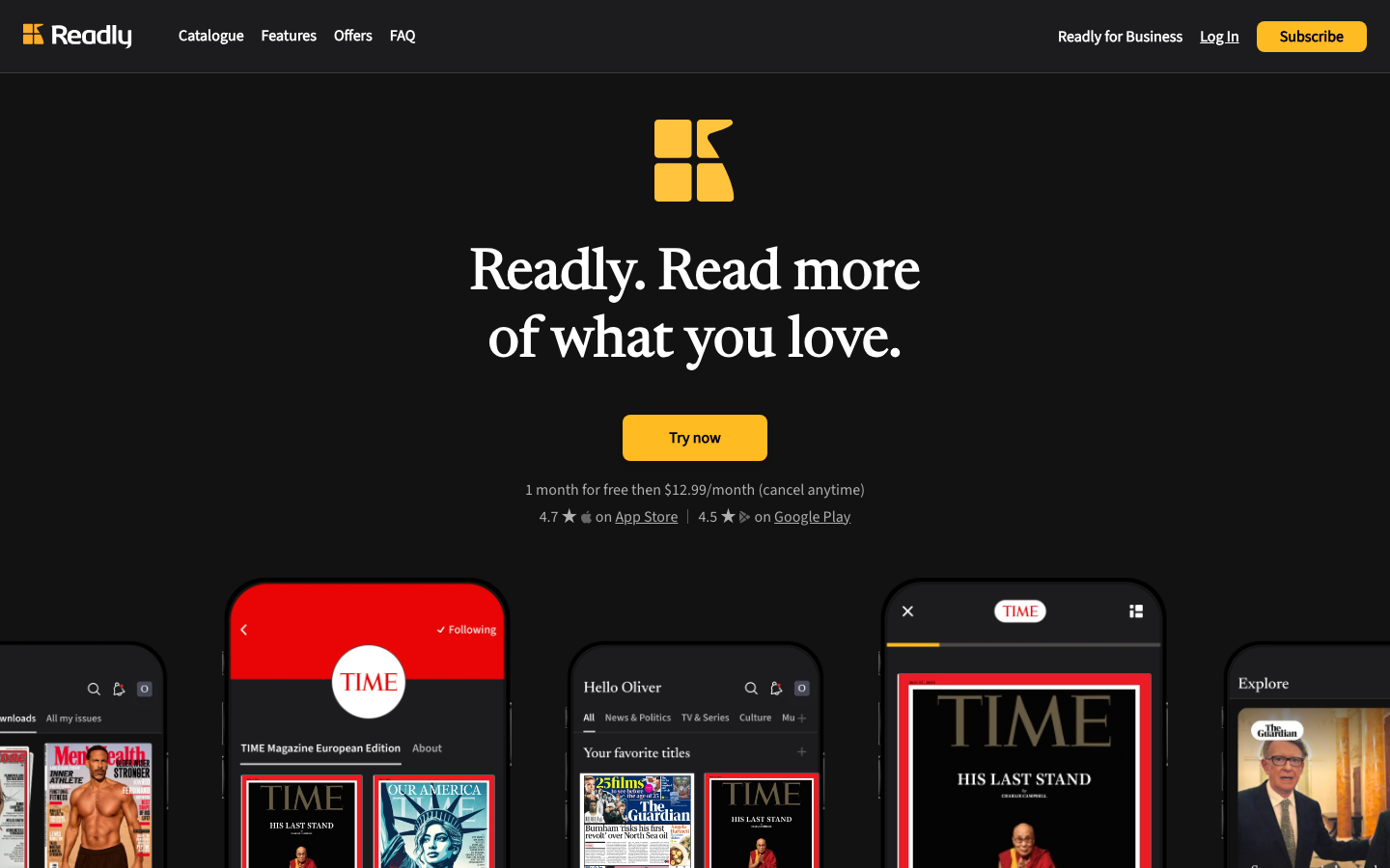 Startseite von Readly mit Preisübersicht und App-Vorschau