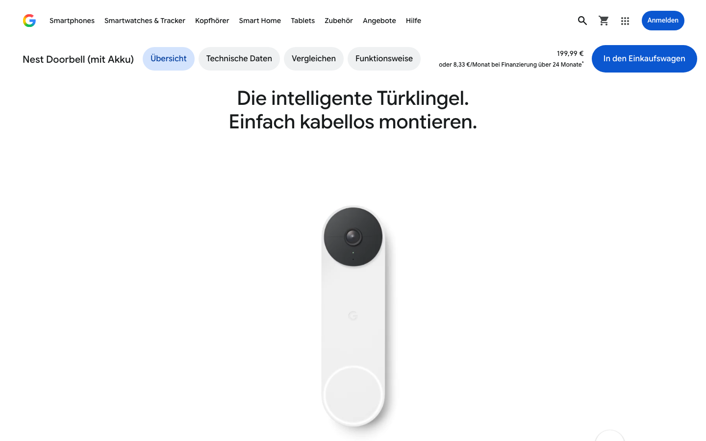 Google Nest Doorbell Produktseite mit Preis und Kaufoption