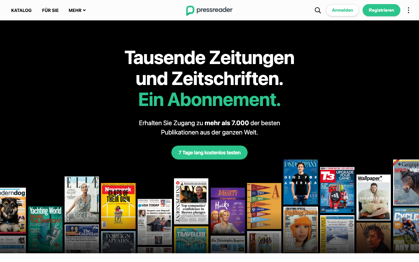 Startseite von PressReader mit internationalen Zeitungen und Zeitschriften