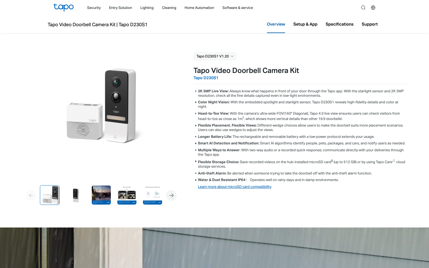 TP-Link Tapo D230S1 Video-Türklingel Produktseite mit technischen Daten