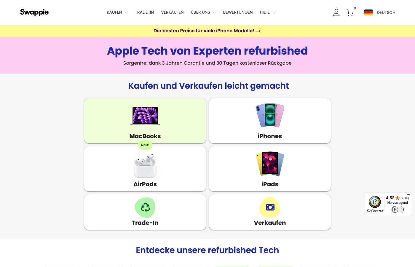 Startseite von Swappie mit Kategorien für iPhone-Ankauf und Trade-In.