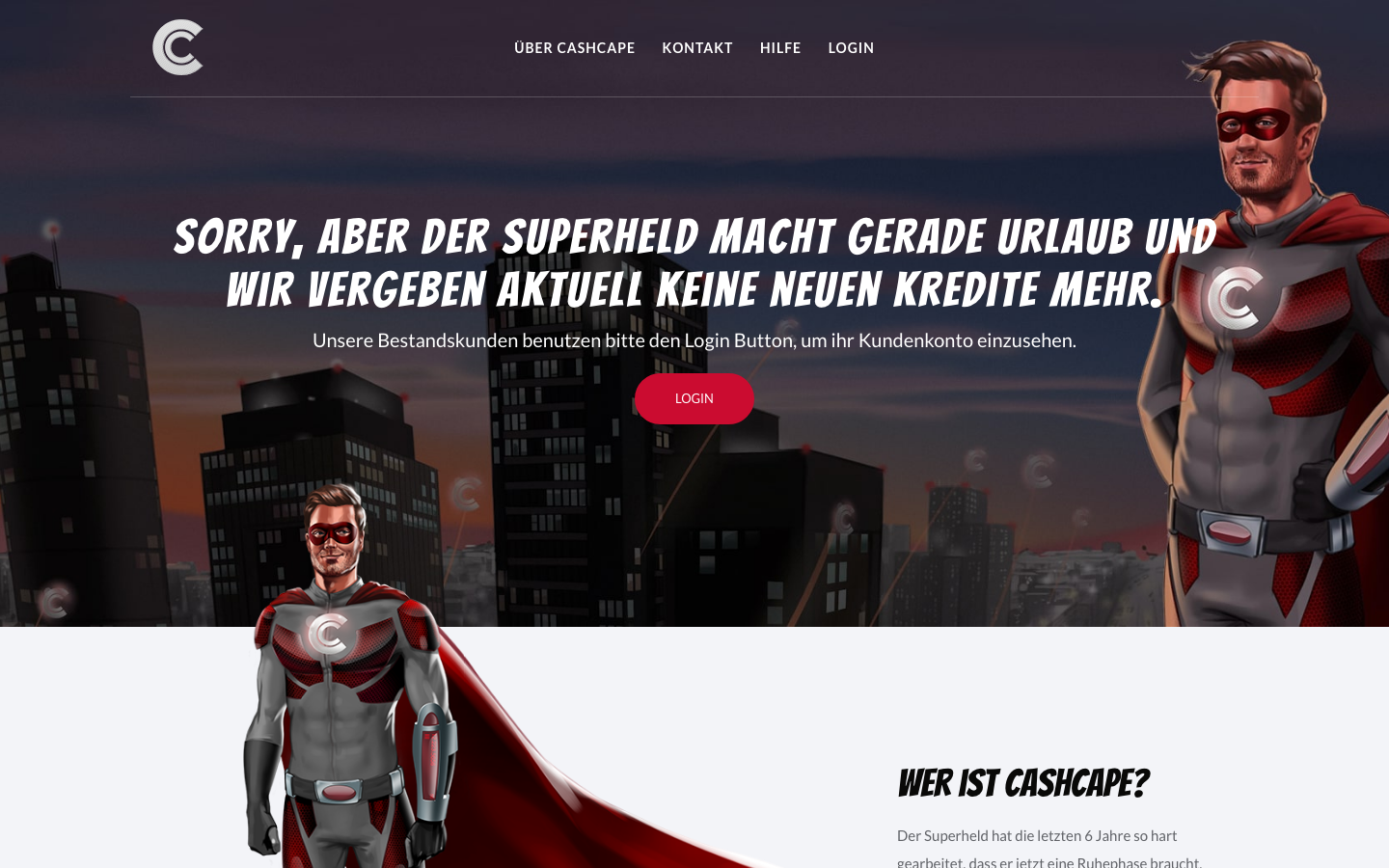 Startseite von CashCape mit Hinweis auf gestoppte Neukreditvergabe