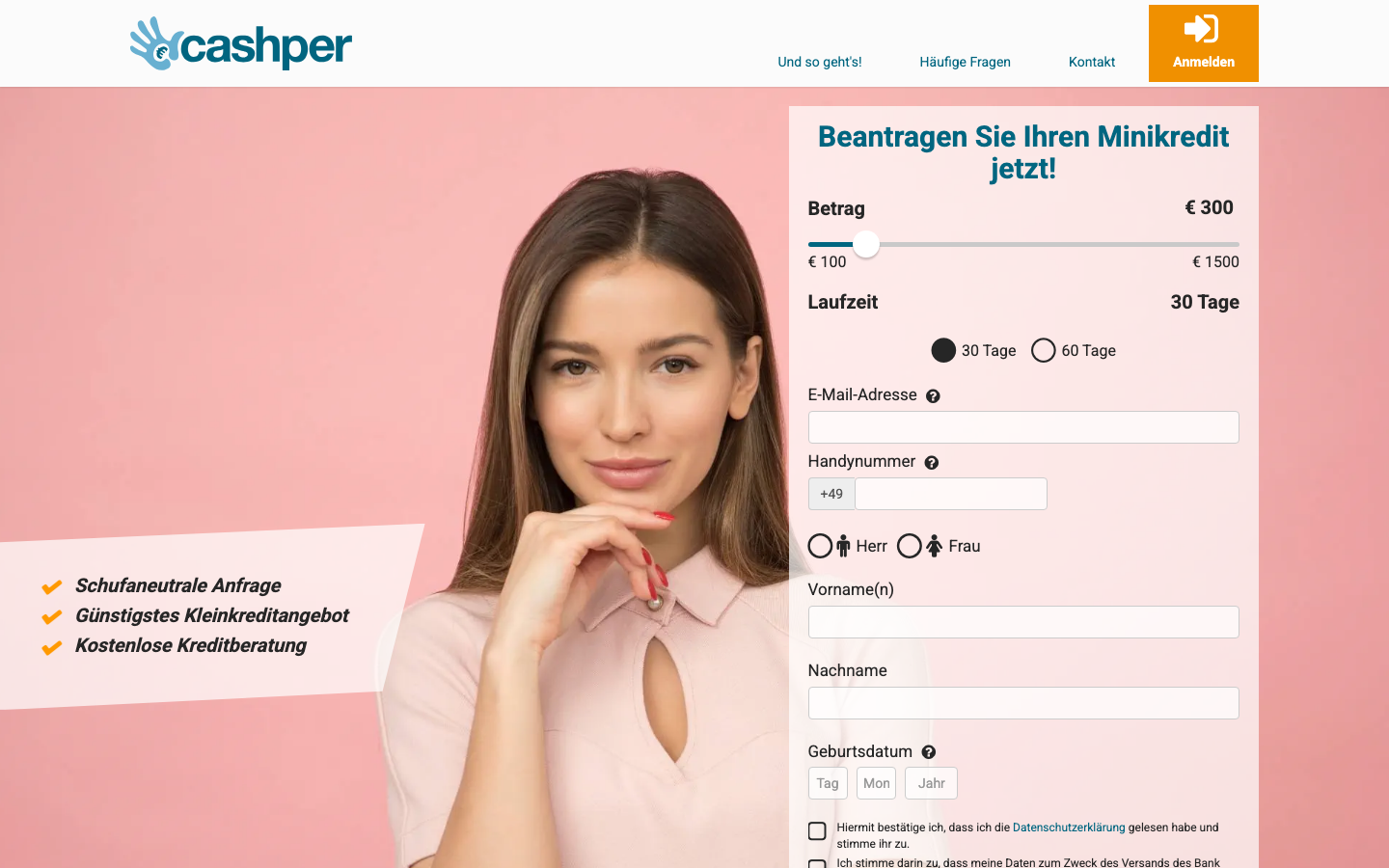 Startseite von Cashper mit Minikredit-Antragsformular, einer Vexcash-Alternative