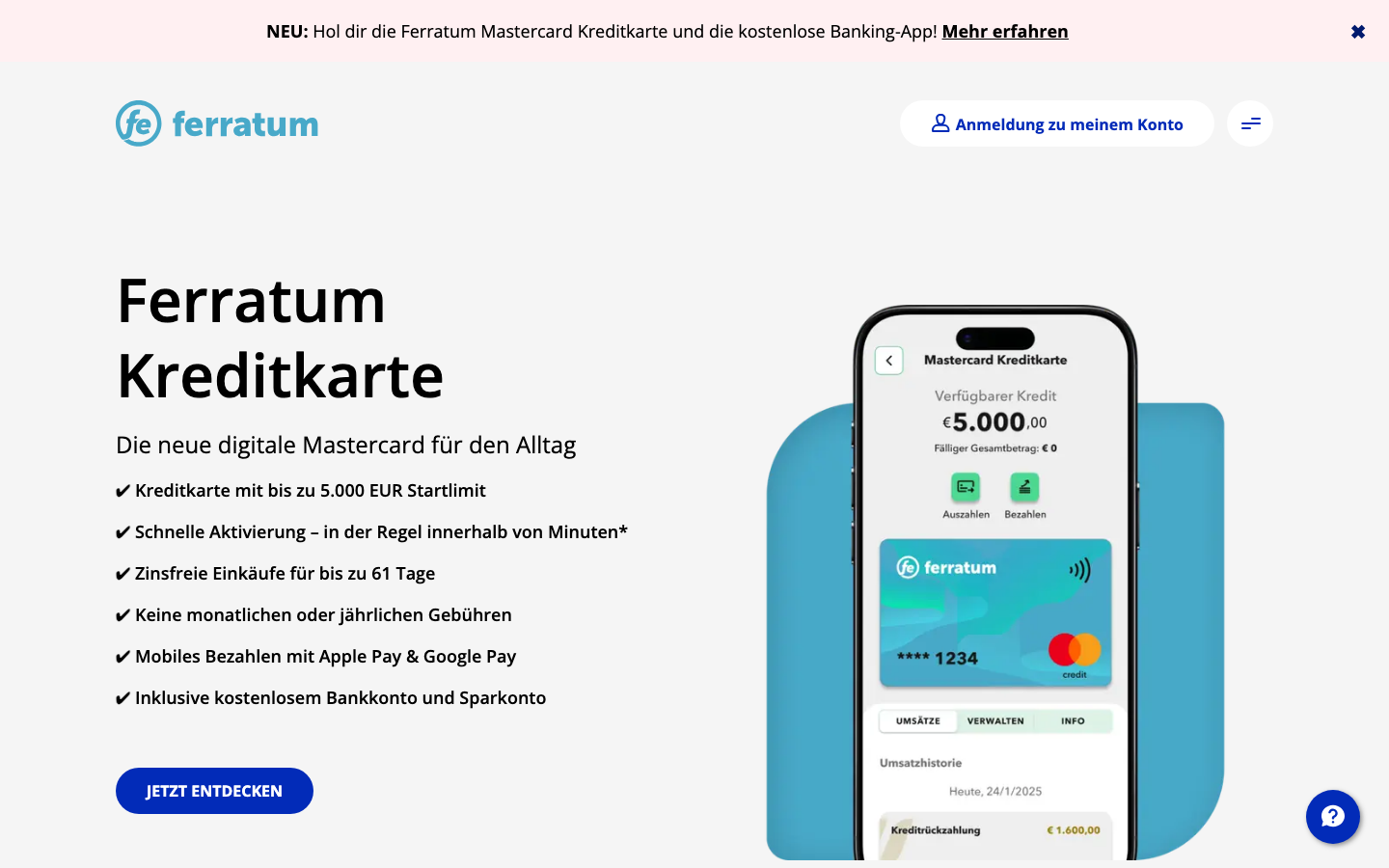 Startseite von Ferratum Money Xpresscredit, einer Vexcash-Alternative