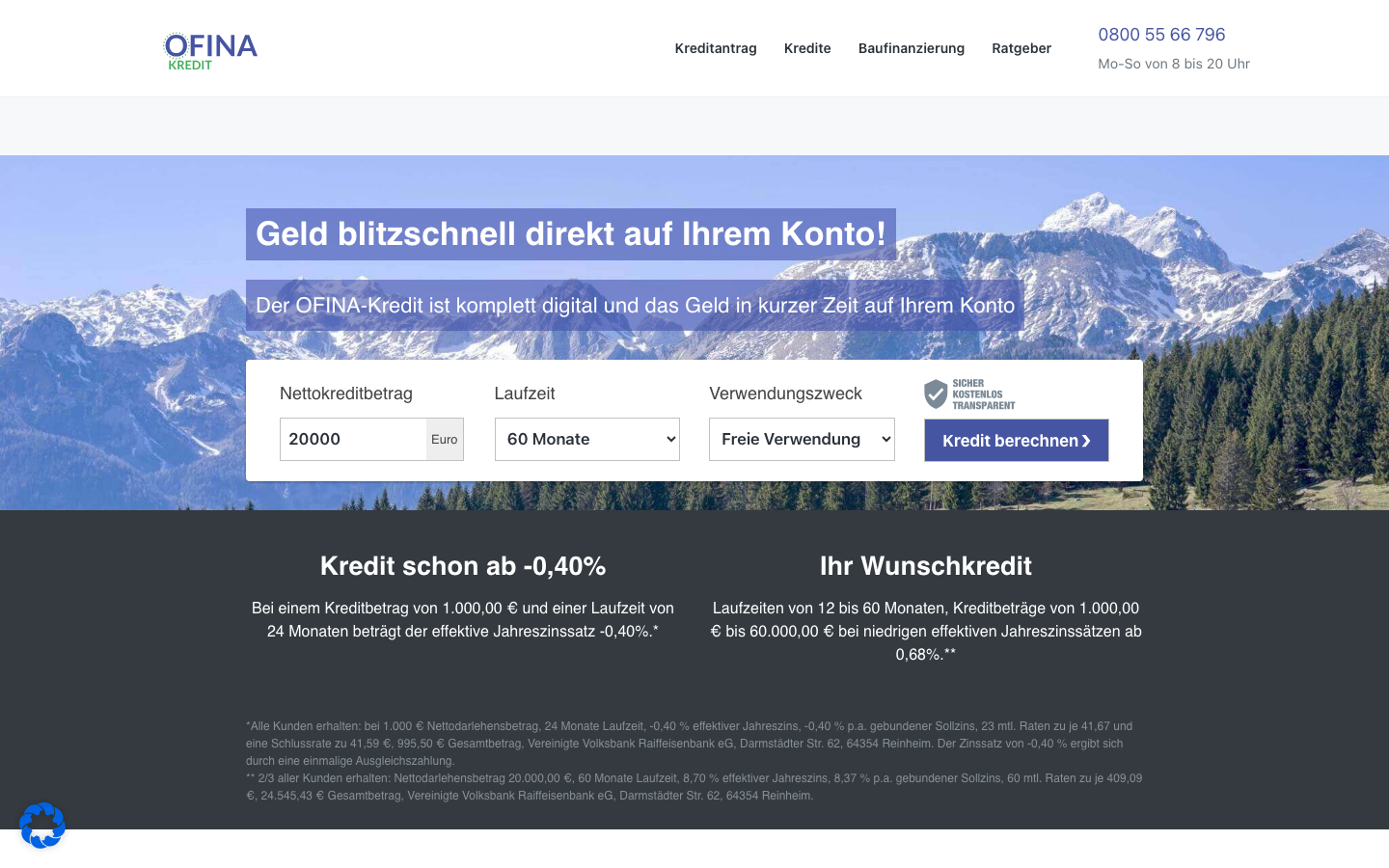 Startseite von OFINA-Kredit, einer Vexcash-Alternative