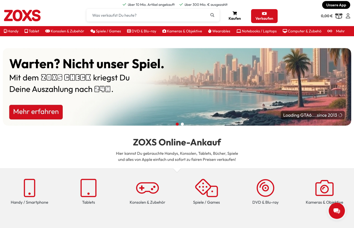 Startseite von ZOXS mit Ankaufzahlen und Verkaufen-Button.