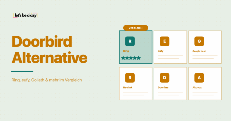 Vergleichsgrafik der sieben besten Doorbird-Alternativen: Ring, eufy, Google Nest, Reolink, Doorline und Akuvox.