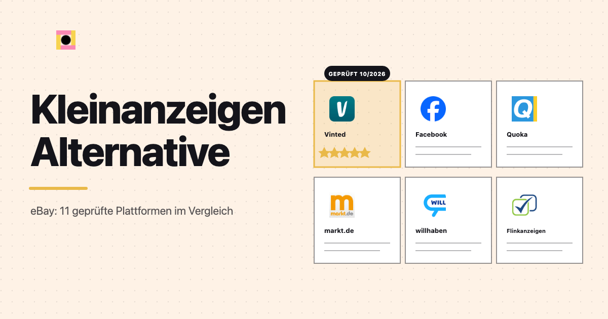 Featured-Grafik: eBay Kleinanzeigen Alternative mit sechs Anbieter-Icons, darunter Vinted hervorgehoben