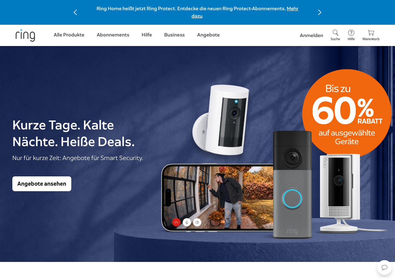 Startseite von Ring mit der Ring Video Doorbell und Alexa-Integration.