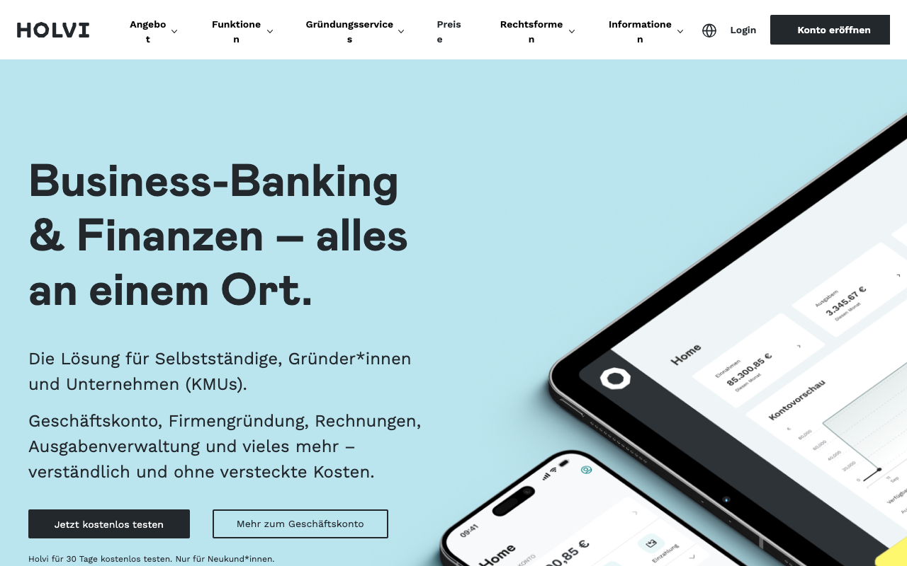Startseite von Holvi.com mit dem Business-Banking-Angebot für Selbstständige und Unternehmen.