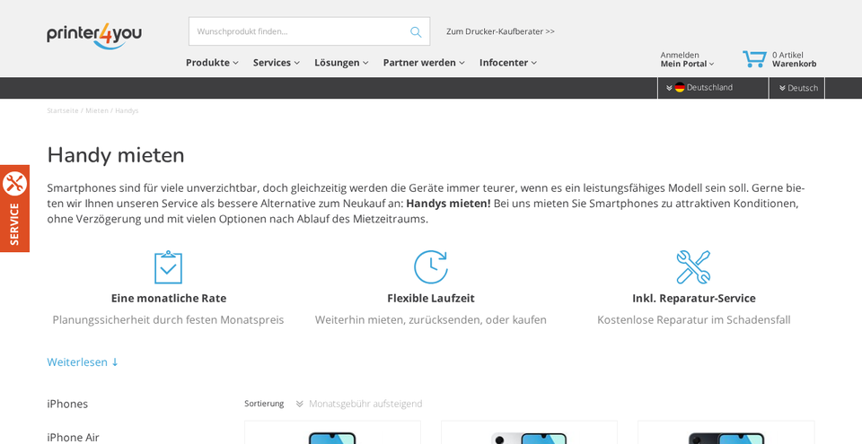 printer4you: Handy mieten Seite mit Preisen und Modellen