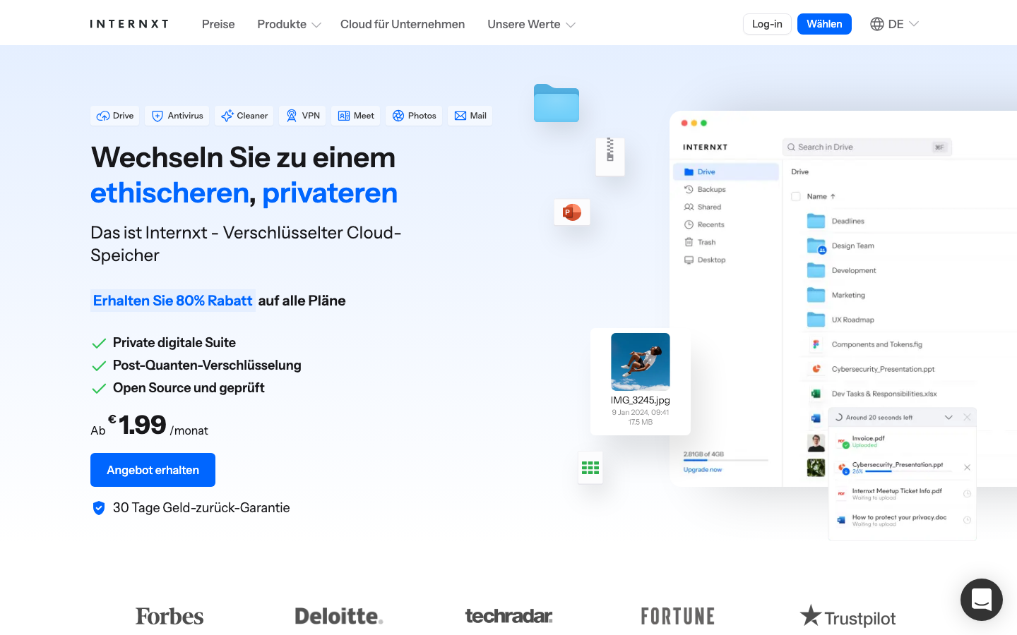 Internxt Startseite mit Übersicht der Drive-Oberfläche und aktueller Rabattaktion.